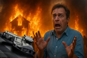 Man and crowd in riot preparedness scene